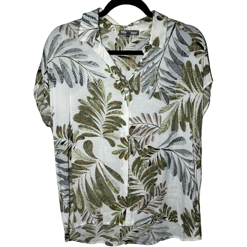 Maya Negri Tropical Palm Leaf Button Down‎ Shirt White Green Tan Short Sleeve S